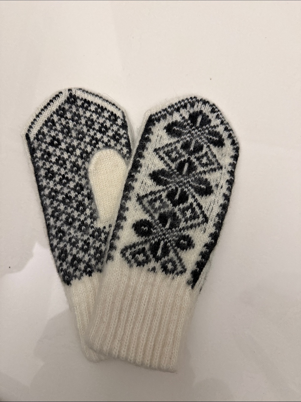 Cozy Black & White Nordic Knit Wool Mittens